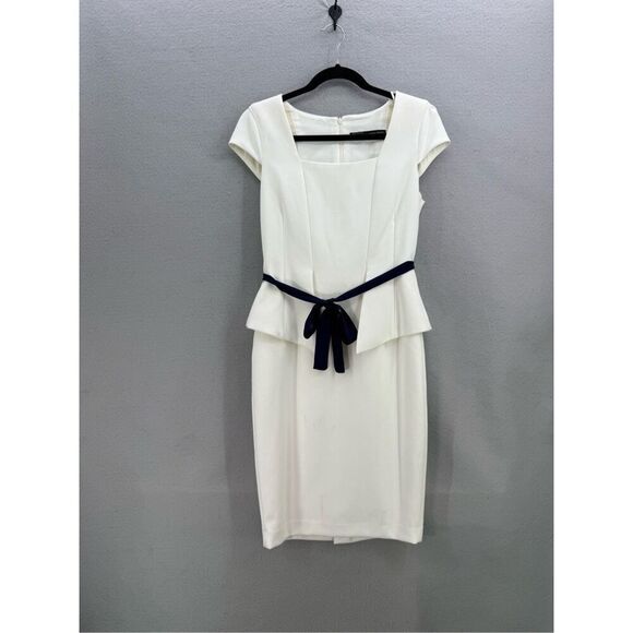 Zara Womens Neutral Cream Cap Sleeve Belted Peplum Mini Pencil Dress Size Medium - Picture 10 of 10